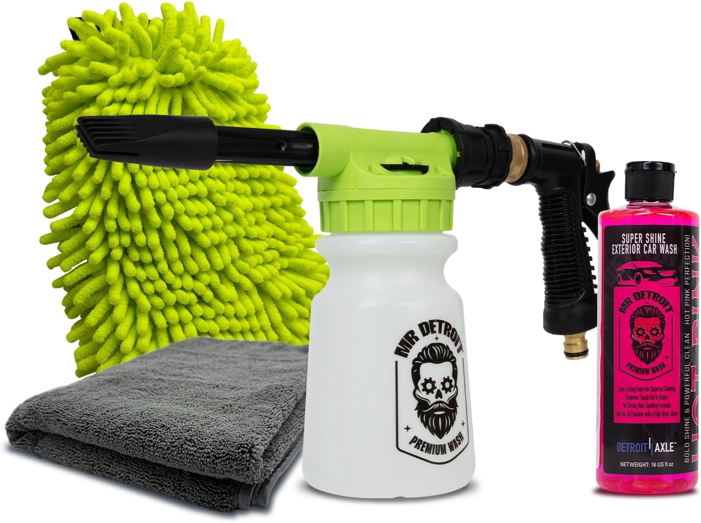 Mr. Detroit - 4pc Car Wash Kit with Foam Blaster, 16oz Car Wash Soap, Double Noodle Wash Mitt, Drying Towel, Scratch-Free Foam Cannon Streak-Free Exterior Cleaning for Auto Detailing & Home Use