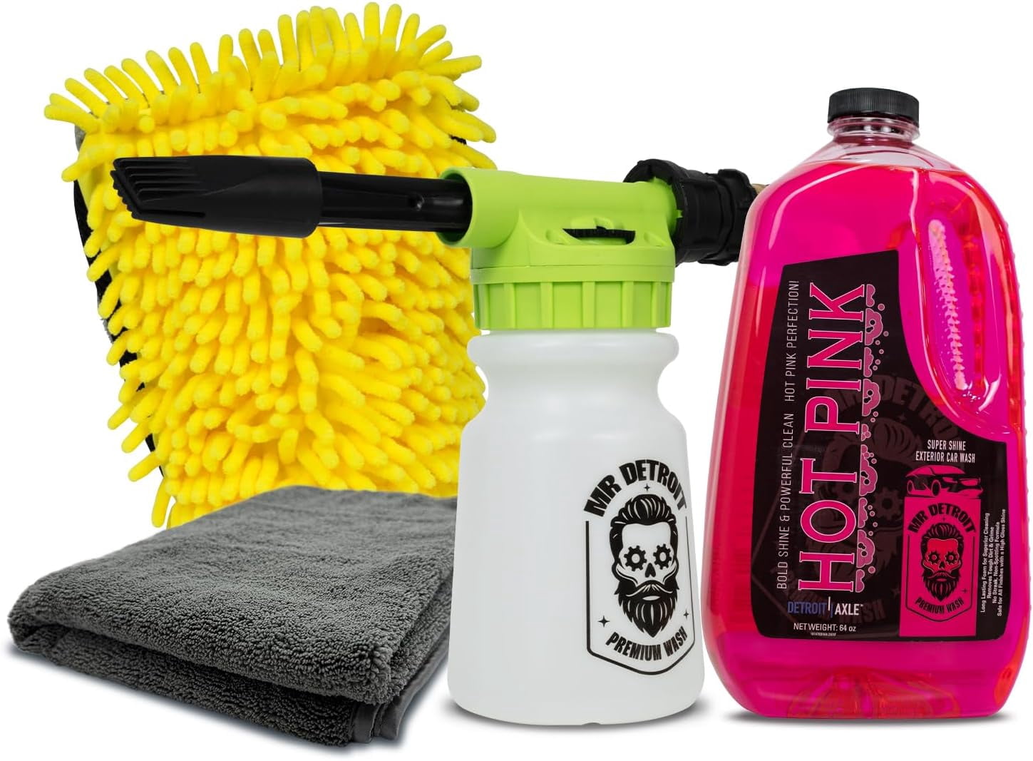 Mr. Detroit - 4pc Car Wash Kit with Foam Blaster, 64oz Car Wash Soap, Chenille Car Wash Glove, Drying Towel, Scratch-Free Foam Cannon Streak-Free Exterior Cleaning for Auto Detailing & Home Use