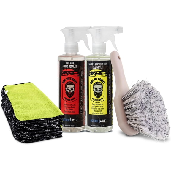 Mr. Detroit - 4pc Car Wash Kit w/ Carpet Upholstery Cleaner, Interior Speed Detailer Cleaner & Protectant, Microfiber Towels, Wheel Body Brush for Auto Detailing