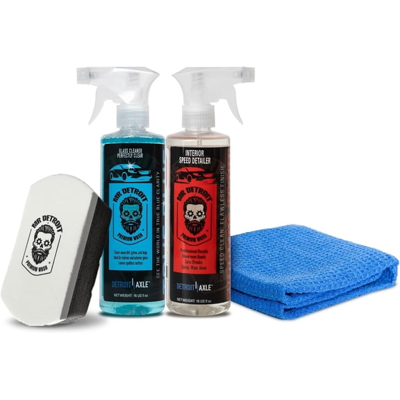 Mr. Detroit - 4pc Interior Care Kit with Interior Speed Detailer Cleaner, Applicator Pads, Glass Cleaner, Microfiber Towel for Trim, Tires, Glass, Mirrors, Windows