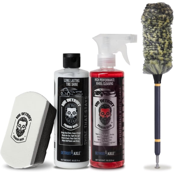 Mr. Detroit - 4pc Wheel Tire Care Kit Wheel Cleaner, High-Gloss Tire Shine, Drill Wheel Brush w/ Soft Wool Microfiber Bristles, Hex Logic Applicator Pad