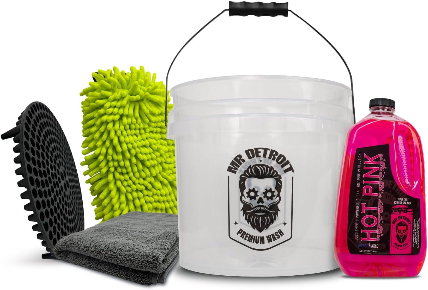 Mr. Detroit - 5pc Car Wash Kit with 64oz Car Soap, Bucket with Filter, Double Noodle Wash Mitt and Drying Towel, Streak-Free Exterior Cleaner Scratch-Free Cleaning for Auto & Home Detailing