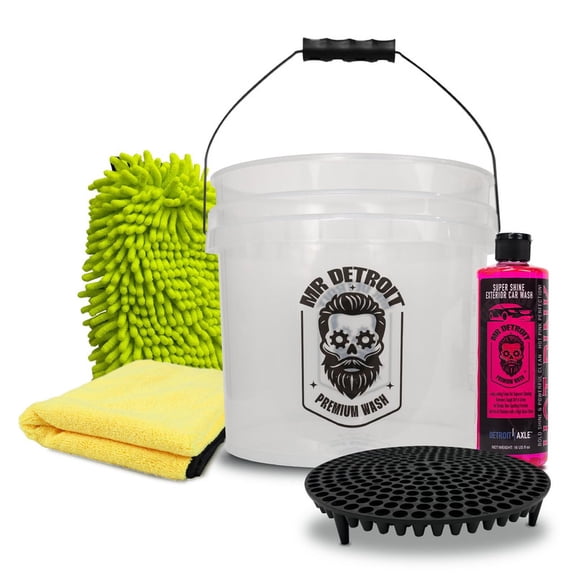 Mr. Detroit - 5pc Car Wash Kit with Car Cleaning Soap, Bucket and Filter, Drying Towel and Wash Mitt, Effective Deep Detailing for Vehicles