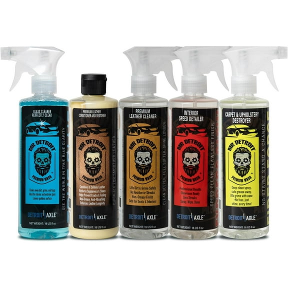 Mr. Detroit - 5pc Interior Detailing Kit, Leather Cleaner & Conditioner, Interior Speed Detailer, Carpet & Upholstery, Glass Cleaner, Professional Grade Formula for Deep Cleaning & Restore