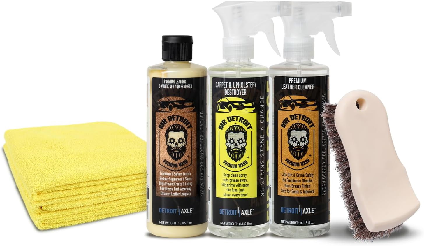 Mr. Detroit - 5pc Leather Care Kit with Horse Hair Leather Brush, Cleaner and Conditioner, Microfiber Towels, Carpet & Upholstery Cleaner for Car, Carpets, Furniture and More