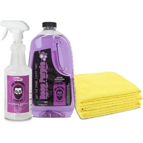 Mr. Detroit - 64oz Deep Purple Degreaser Container w/Dilution Bottle and Microfiber Towels (Pack of 3), Heavy-Duty All-Purpose Cleaner for Engines, Tires & More, Breaks Down Grease, Oil & Grime