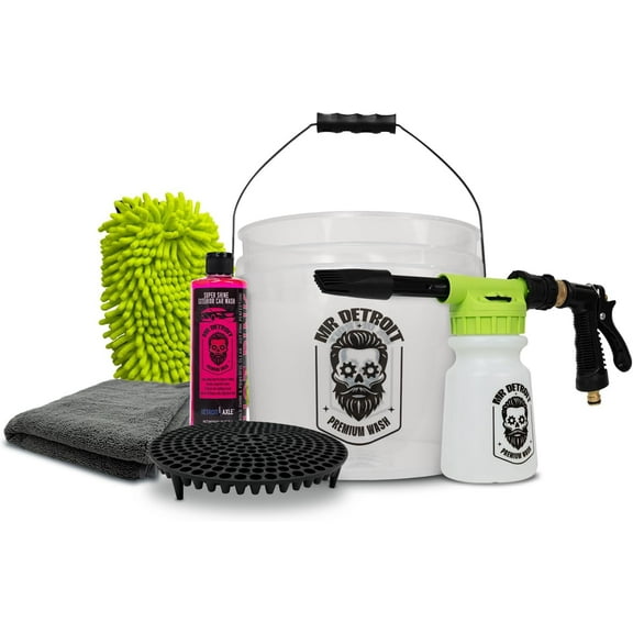 Mr. Detroit - 6pc Car Wash Kit with Plastic White Heavy Duty Bucket, Car Wash Bucket Filter, Double Noodle Wash Mitt, Car Wash Soap Bottle, Microfiber Drying Towel, Car Wash Foam Blaster