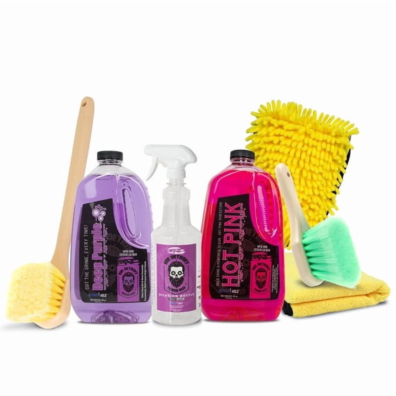 Mr. Detroit - 7pc Car Wash Kit with 64oz Car Wash Soap, Degreaser, Wash Glove, Brushes, Drying Towel, Dilution Bottle, Exterior Detailing for Vehicles