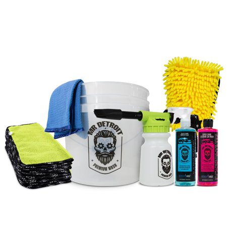 Mr. Detroit - 7pc Car Wash Kit with Foam Blaster, Bucket, Chenille Car Wash Glove, Glass Towel, Microfiber Towels (Pack of 12), 16oz Car Soap, 16oz Glass Cleaner for Auto Detailing & Home Use