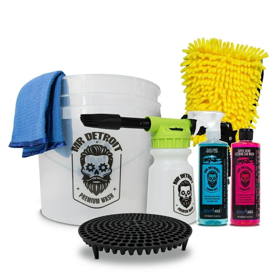 Mr. Detroit - 7pc Car Wash Kit with Foam Blaster, Bucket w/Dirt Filter, Chenille Car Wash Glove, Glass Towel, 16oz Car Soap, 16oz Glass Cleaner for Auto Detailing & Home Use