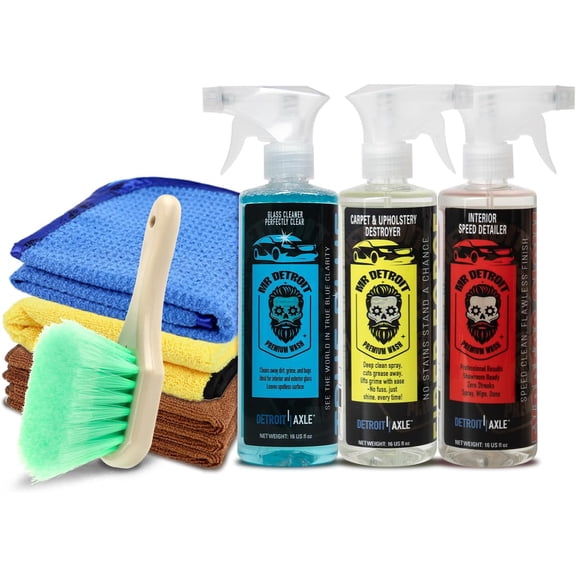 Mr. Detroit - 7pc Interior Cleaning Kit Microfiber Towel, Glass Cleaner with Sprayer, Brush with PVC Bristles, 16oz Carpet & Upholstery Cleaner, Interior Speed Detailer Wheel & Body