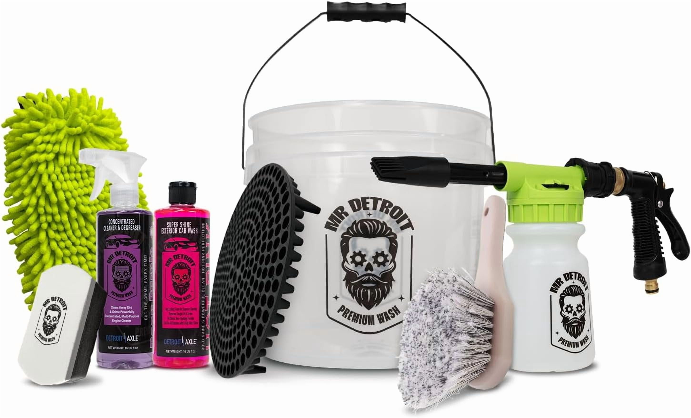 Mr. Detroit - 8pc Car Wash Kit w/ Foam Blaster, Double Noodle Wash Mitt, Wheel Body Brush, Applicator Sponge Pad, Car Soap for Auto Detailing Home Use