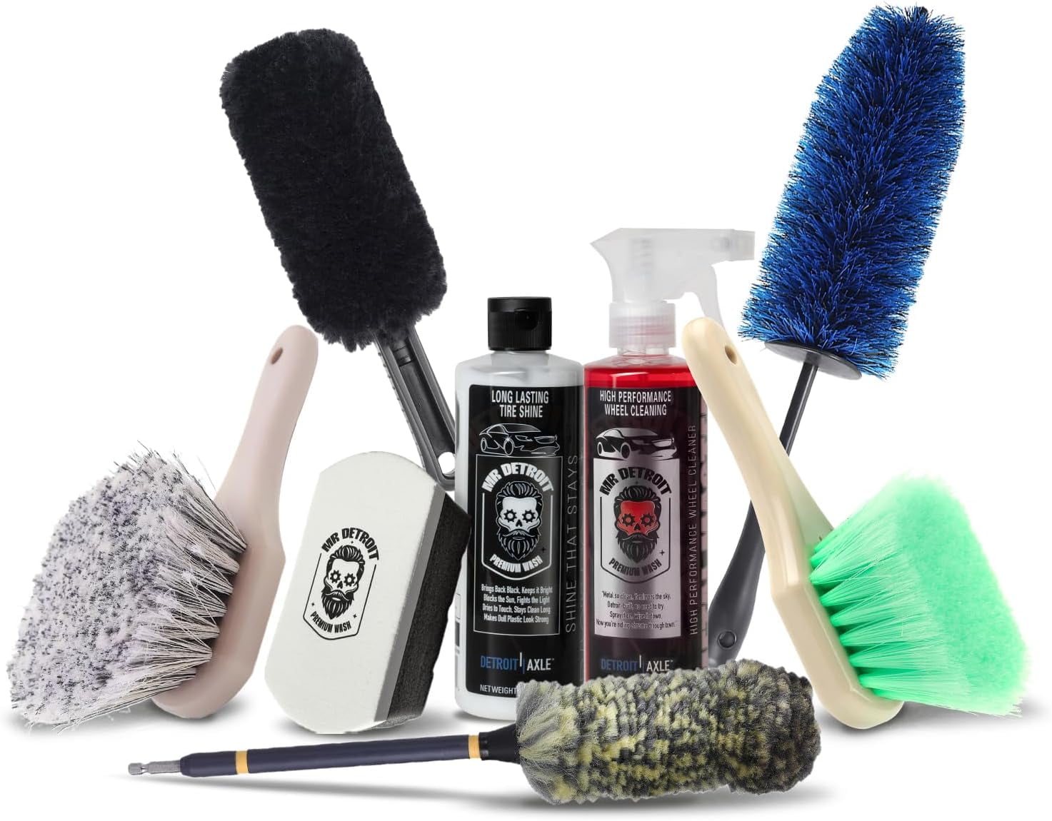 Mr. Detroit - 8pc Car Wheel Detailing Kit Wheel and Tire Cleaner, Wheel & Body Brushes, Wheel Barrel Brush Applicator Pad