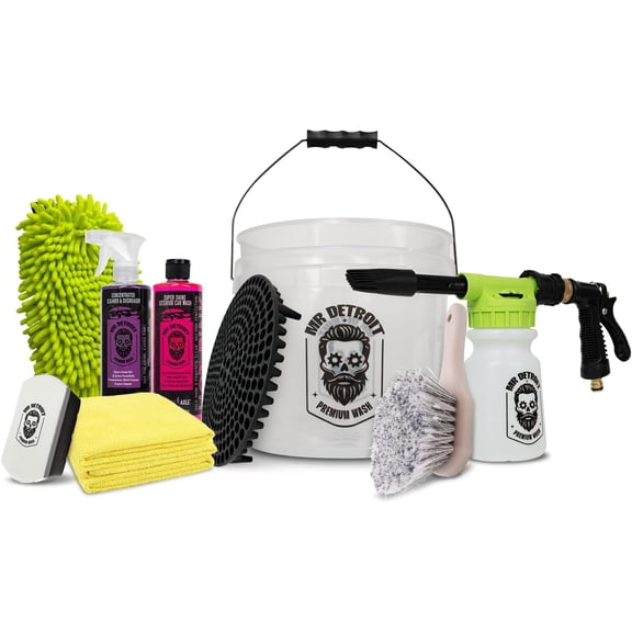 Mr. Detroit - 9pc Car Wash Kit w/ Foam Blaster, Double Noodle Wash Mitt, Wheel Brush, Microfiber Towels Sponge Pad Car Soap Degreaser for Auto & Home Use