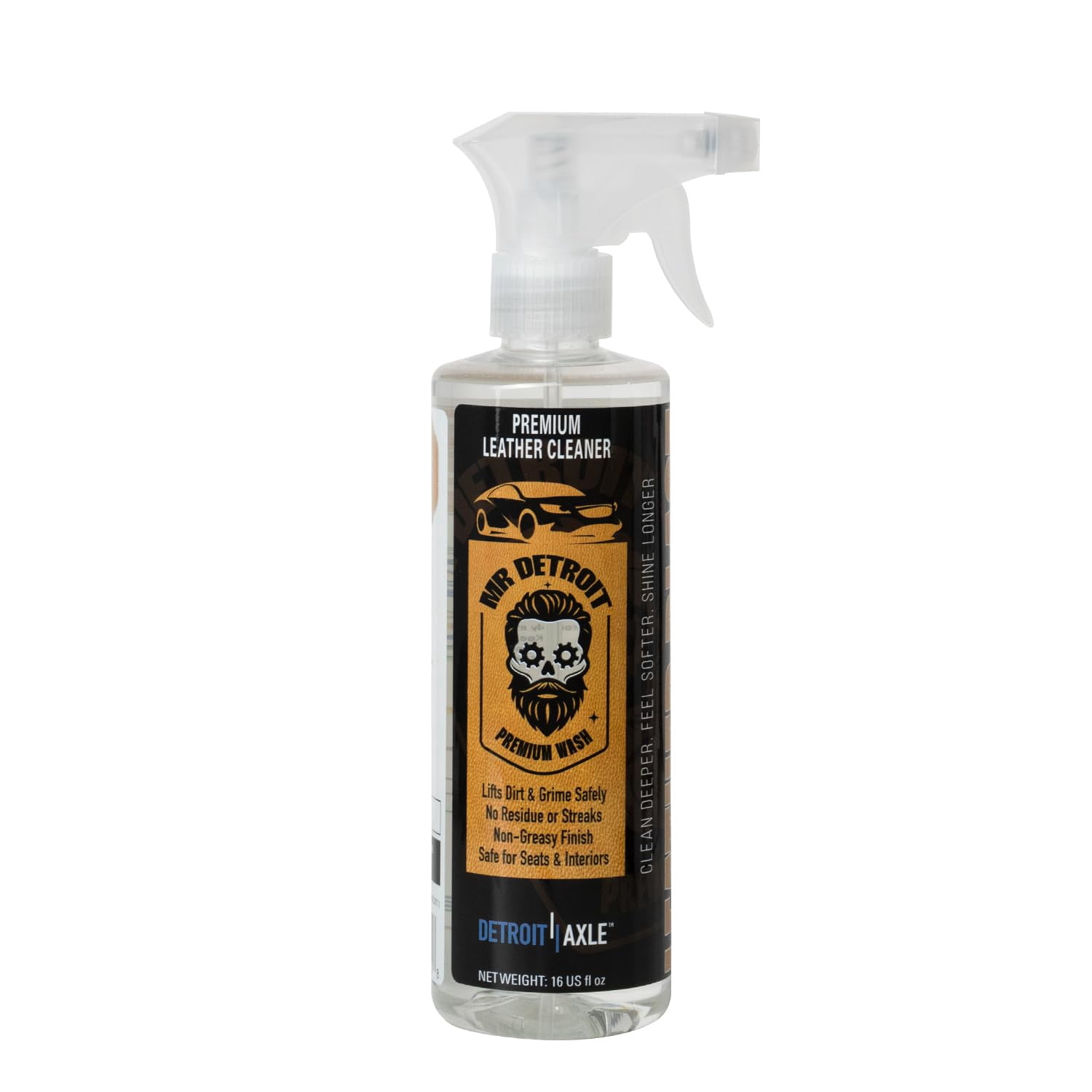 Mr. Detroit - Premium Leather Cleaner Luxury Care for Car Interiors, Seats, Furniture, Accessories, and More (Works on Natural, Synthetic, Pleather, Faux Leather and More) 16 fl oz