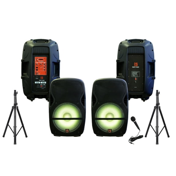 Mr Dj 15" Powered DJ PA Speaker System Mixer+Stands Bluetooth/USB/SD/LED