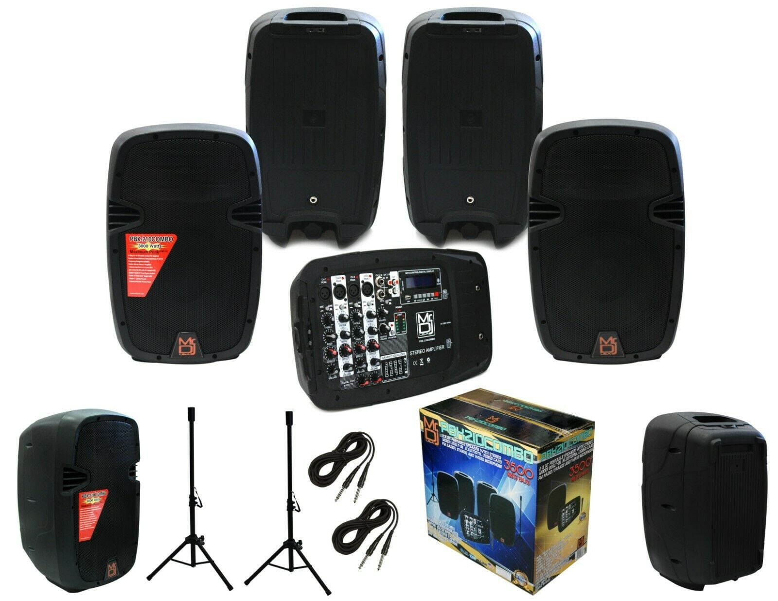 MR DJ PBX210COMBO Bluetooth Speaker<br/>Portable all in One Personal PA/DJ KTV System 2X 10" 3000W Bluetooth Active Speaker with Detachable Mixer & Stands
