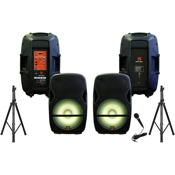 Mr Dj PARTY PACK Pair 15" 4000W Powered Passive PA DJ Speakers Active Speaker Stands MIC