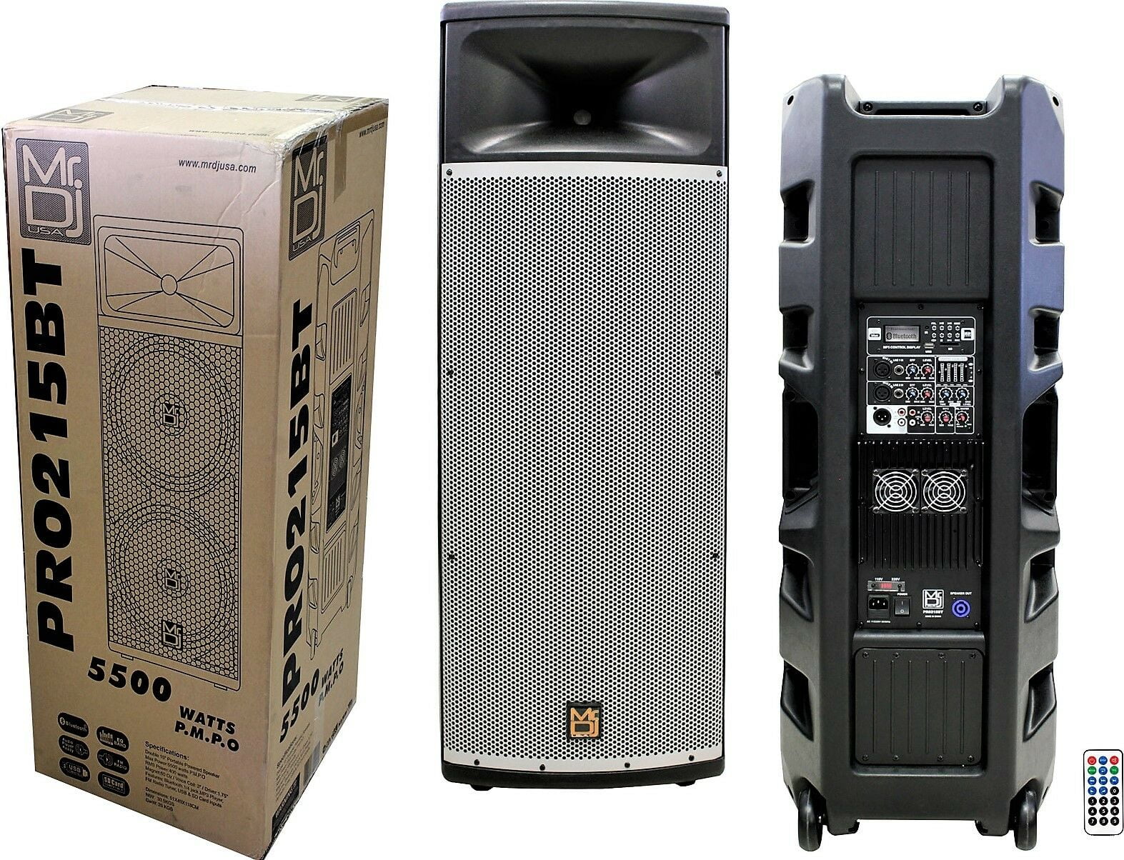 Mr Dj PRO215BT PRO PA DJ Dual 15" Active Full Range Powered Speaker, 2" Display