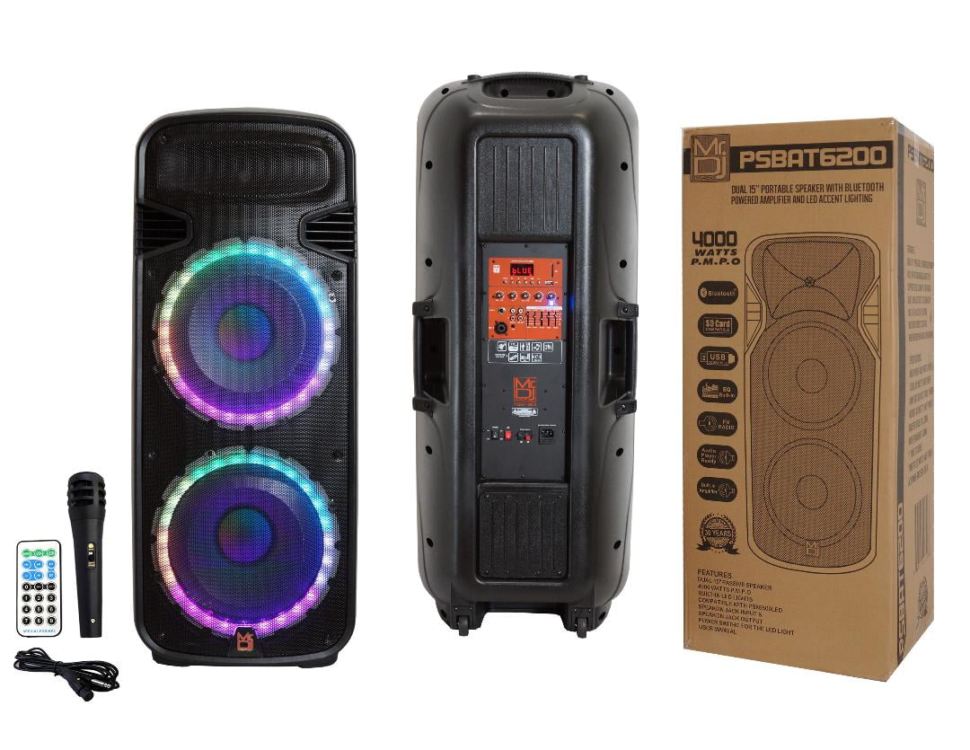 Mr Dj PSBAT6200 Dual 15-Inch 4000 Watt Max Power 3 Way Party Speaker with Built-In Bluetooth & Rechargeable Battery