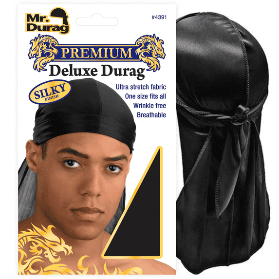 Mr. Durag Premium Silky Deluxe Durag: 1Pc Men's Wave Tie Cap, Black