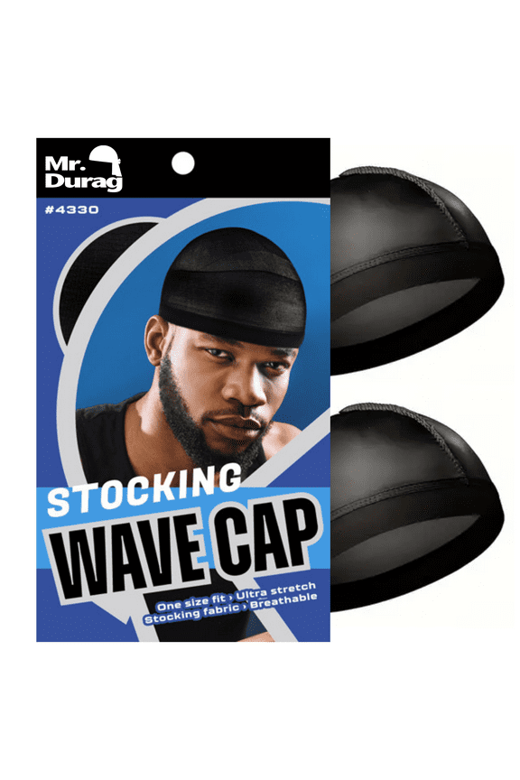 Black Stocking Wave Cap with Wide Band, 2 Pack