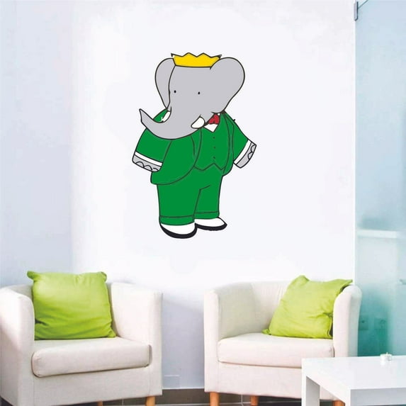 Mr. Elephant Crown Green Clothes Cute Playful Cartoon Character Wall Art Vinyl Sticker Mural Baby Kids Room Bedroom Nursery Kindergarten House Home Wall Art Decor Removable Peel and Stick 30x15 inch