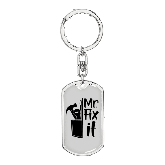 Mr Fix It Swivel Keychain Woodworker Dog Tag Stainless Steel or 18k Gold