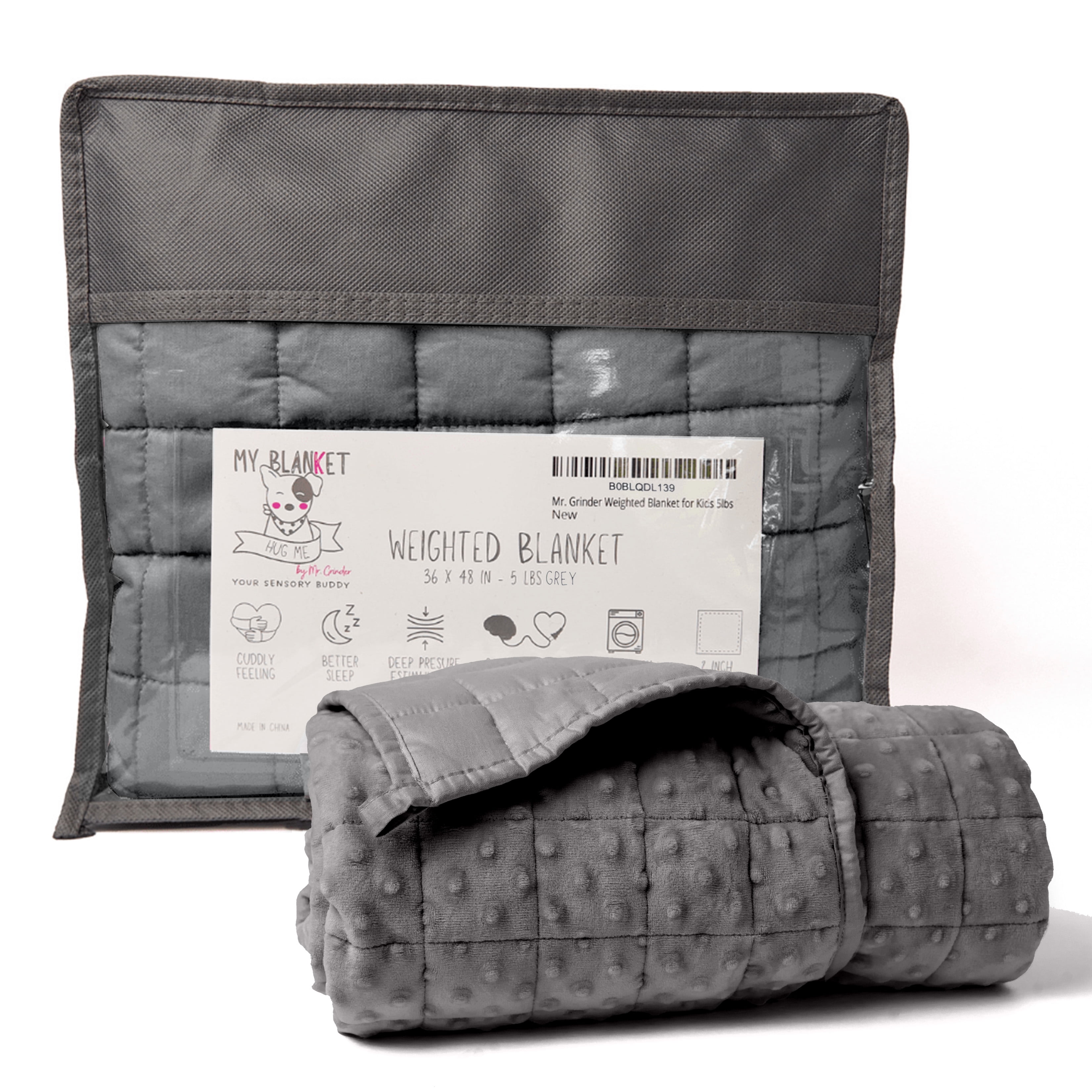 Mr. Grinder - 5lb Weighted Blanket for Kids. Cotton and Minky Dots (36 x 48 in) Gray
