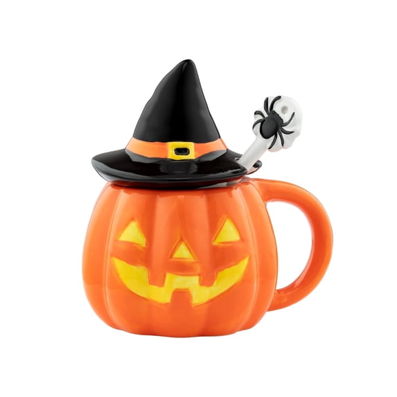 Mr. Halloween 18 oz Lidded Jack-O-Lantern Ceramic Mug with Spoon