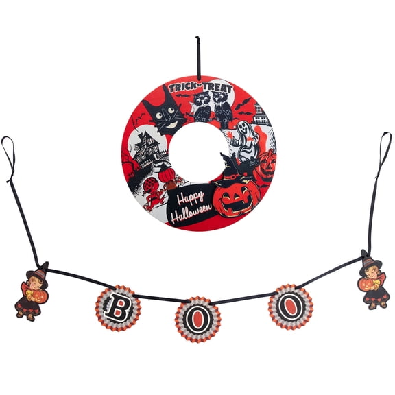 Mr. Halloween Decorative Retro Wreath and Garland Set, 18 inch
