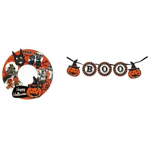 Mr. Halloween Decorative Retro Wreath and Garland Set, 18 inch