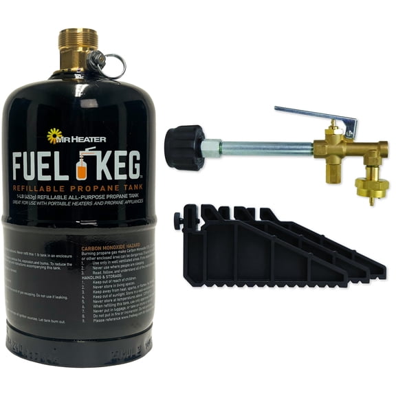 Mr. Heater Propane Refill Kit for Fuel Keg 1 lb. / 16 oz. Refillable Propane Tank + Mr. Heater Fuel Keg 1 lb. / 16 oz. Empty Refillable Propane Tank