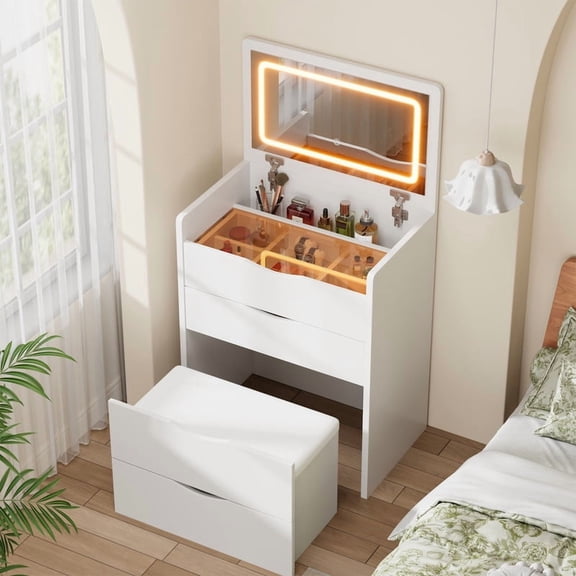 Mr IRONSTONE 24 Inch Vanity Desk with LED Mirror and Stool, Modern Makeup Dressing Table Set with Storage Drawer, Lighted Beauty Station for Bedroom, White