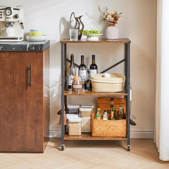 Mr IRONSTONE 3-Tier Kitchen Utility Serving Cart, Multifunction Microwave Oven Stand, Baker's Rack with Storage Shelf and 10 Hooks, Black