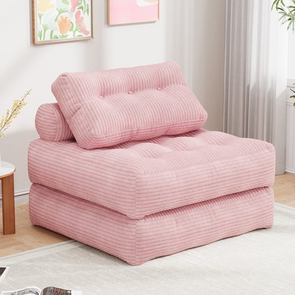 Mr IRONSTONE 3 in 1 Folding Sofa Bed, Convertible Sleeper Chair with Pillow, Corduroy Memory Foam Floor Sofa Lounge Chair for Living Room Dorm, Pink