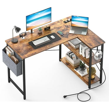 Mr IRONSTONE 47 inch L-Shaped Desk with Outlets & USB Ports, Reversible Corner Desk for Small Spaces, Home Office Desk with Storage Bag & Hook, Rustic Brown