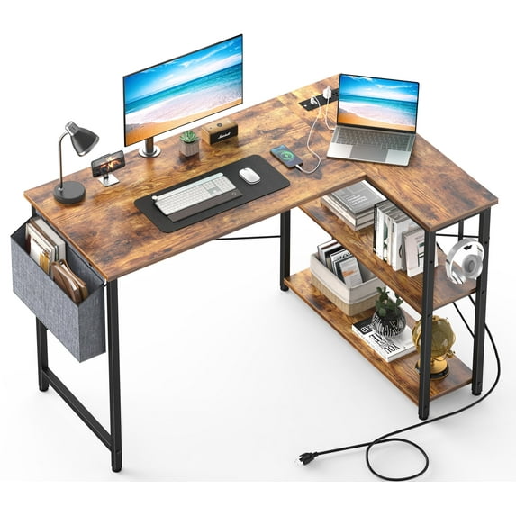 Mr IRONSTONE 47 inch L-Shaped Desk with Outlets & USB Ports, Reversible Corner Desk for Small Spaces, Home Office Desk with Storage Bag & Hook, Rustic Brown