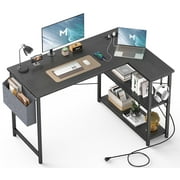 Mr IRONSTONE 47 inch L-Shaped Desk with Outlets & USB Ports, Reversible Corner Desk for Small Spaces, Home Office Desk with Storage Bag & Hook, Black