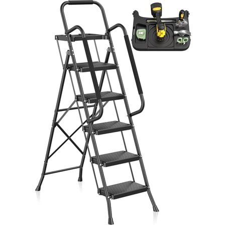 Mr IRONSTONE 5-Step Ladder with Tool Tray, 800lbs Portable Folding Ladder with Upgraded Non-Slip Handrails and Anti-Slip Pedal, Black