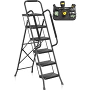 Mr IRONSTONE 5 Step Ladder for Adults, 800lbs Heavy Duty Steel Folding Ladder with Tool Tray, Upgraded Non-Slip Handrails and Anti-Slip Pedal for Home Office Garage, Black