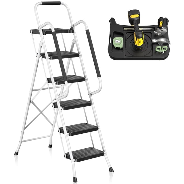 Stell Ladder Mr IRONSTONE 5-Step Ladder for Adults, 800 LBS Heavy Duty Steel Folding ...