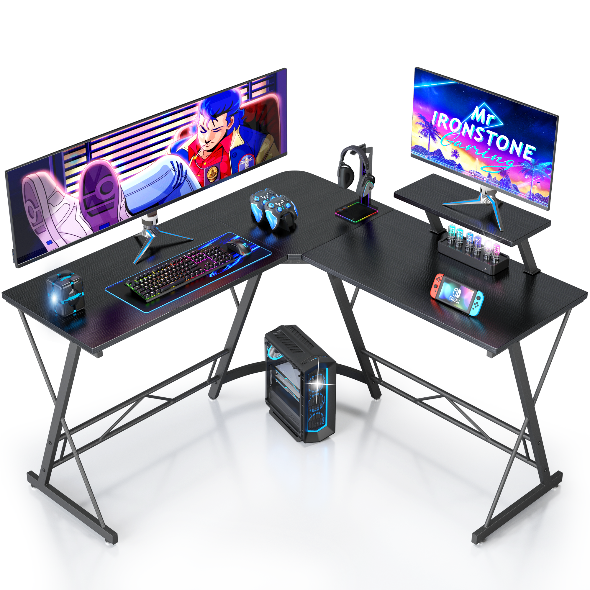 Mr IRONSTONE 51 inch L-Shaped Gaming Desk, Corner Computer Desk for Home Office, Black Writing Workstation with Large Monitor Stand