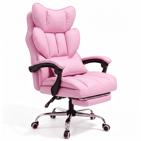 Mr IRONSTONE Chic Office Chair with Retractable Footrest, Ergonomic PU Leather Computer Desk Chair with Pocket Springs, Pink