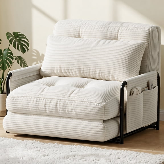 Mr IRONSTONE Convertible Chair Bed, Foldable Lazy Sofa Sleeper Chair with Metal Frame and Armrests, 5-Position Adjustable Lounge Chair with Side Pockets, White