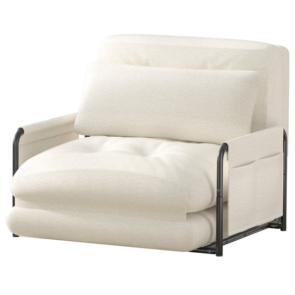 Mr IRONSTONE Convertible Chair Bed, Foldable Lazy Sofa Sleeper Chair with Metal Frame and Armrests, 5-Position Adjustable Lounge Chair with Side Pockets, White