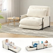 Mr IRONSTONE Convertible Chair Bed, Foldable Lazy Sofa Sleeper Chair with Metal Frame and Armrests, 5-Position Adjustable Lounge Chair with Side Pockets, White
