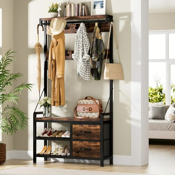 Mr IRONSTONE Entryway Hall Tree with Shoe Bench and Top Shelf, 5-in-1 Coat Rack with Removable 18 Hooks and 2 Drawers, for Hallway or Living Room, Rustic Brown