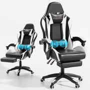 Mr IRONSTONE Ergonomic Gaming Chair with Massage Lumbar Support and Footrest, Heavy Duty 400lbs Computer Chair for Adults, Black/White