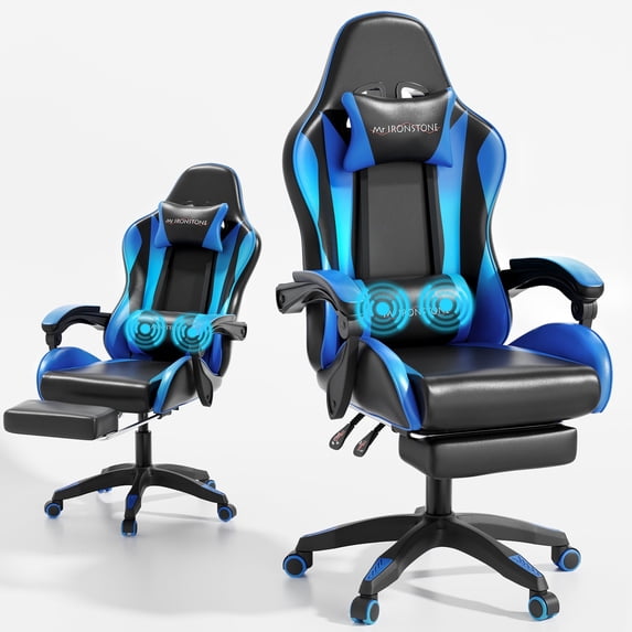 Mr IRONSTONE Ergonomic Gaming Chair with Massage Lumbar Support and Footrest, Heavy Duty 400lbs Computer Chair for Adults, Blue/Black